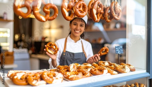 Smiling female baker proudly presents a selection of freshly baked, traditional pretzels from her vibrant bakery, showcasing delicious handmade treats with a warm welcome for customers