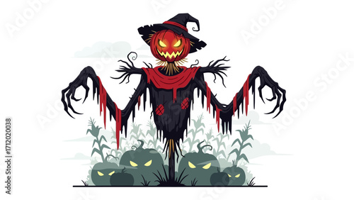 Spooky Scarecrow at Halloween: A haunting scarecrow with a jack-o'-lantern head stands menacingly, casting a long shadow over a field of pumpkins, evoking the spirit of Halloween.