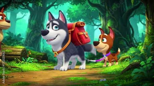 Wallpaper Mural Animated Dogs in the Forest - A Fun Adventure with Friends. Torontodigital.ca