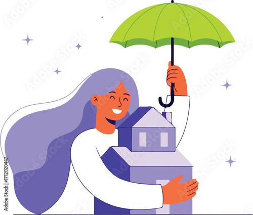 Smiling woman holding house under umbrella, symbolizing home insurance isolated on white background