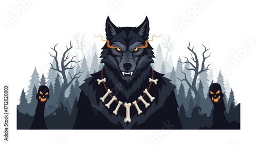 Mystical Wolf: A stylized, eye-catching illustration of a powerful wolf emerges from a shadowy forest backdrop, radiating an aura of mystique, fantasy and primal power.