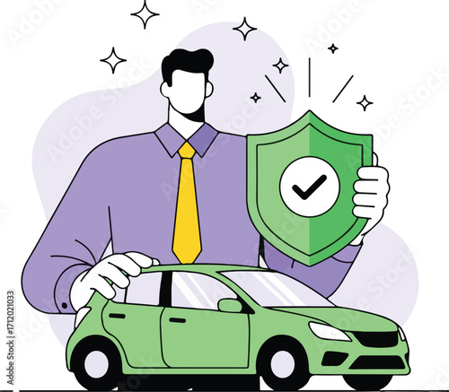 Man protects car with shield, ensuring safety and security isolated on white background