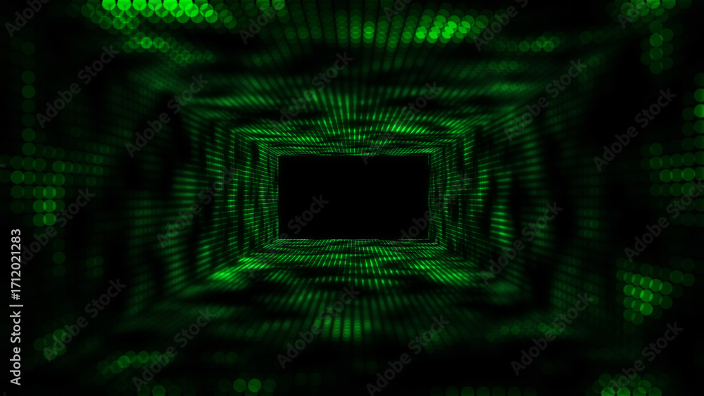 Fototapeta premium Futuristic 3D background green grid wireframe square tunnel with lines connecting data point. Concept big data grid in dark cyberspace.