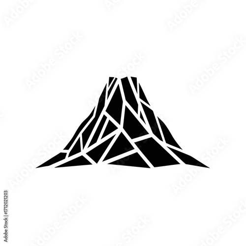 A stylized, geometric representation of a volcano erupting with abstract, angular shapes.
