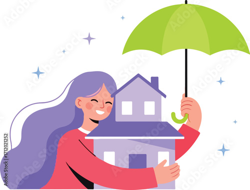 Woman protects house with umbrella, ensuring safety and security isolated on white background