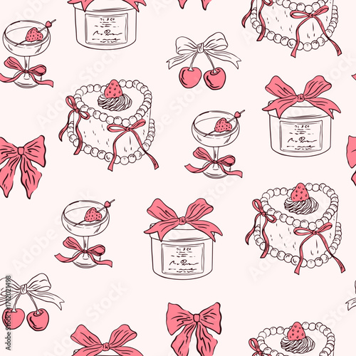 Hand drawn whimsical coquette seamless pattern. Vintage background with bow, cherry, cake, and cocktail for wedding invitation, valentine day. Vector romantic wallpaper, wrapping paper, textile