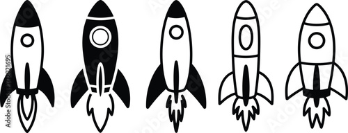 Rocket icon illustrations, space launch, propulsion design, black and white, stylized vector, flame detail, futuristic theme, graphic symbol, tech motion, exploration