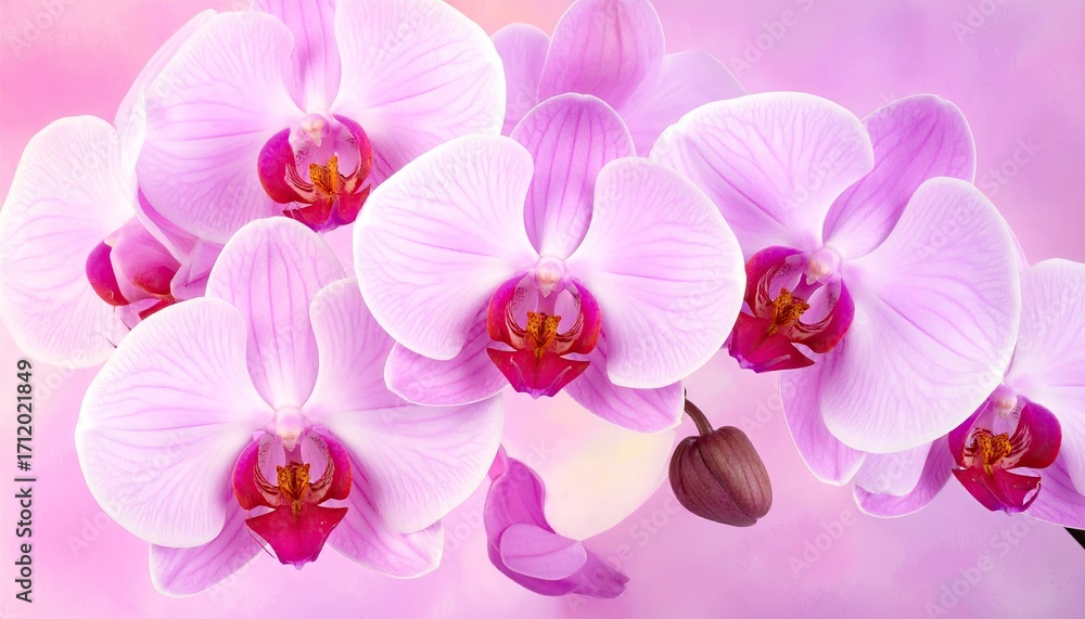 Obraz premium Close Up of Delicate Pink Orchid Flowers in Full Bloom with Soft Lighting and a Blurry Pink Background