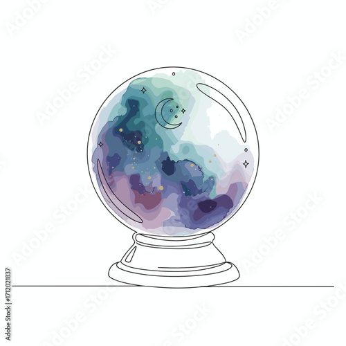One line doodle drawing witch crystal ball with watercolor fill minimalistic vector illustration on white background