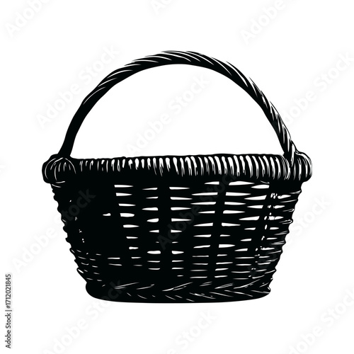 Traditional wicker basket with a handle shown in hand-drawn black ink sketch style on a white background, concept of rustic and vintage storage