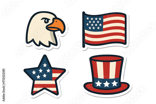 American patriotic icon set. USA flag, eagle head, star, uncle sam hat. 4th of July, Independence Day, Memorial Day vector. Celebration graphic symbol. Flat cartoon sticker.