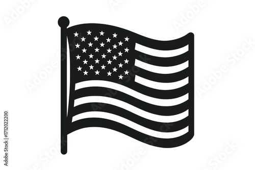 Waving American flag silhouette vector icon. USA national symbol in black and white. Patriotic emblem of freedom and independence. United States flag on a flagpole illustration.