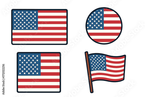 USA flag vector icon set. American national symbol collection. Patriotic emblem illustration. United States flag in different shapes, rectangle, circle, square, waving on pole.