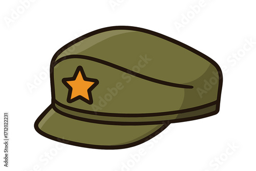 Military cap with star icon. Army soldier hat. Green communist peaked cap. Vector cartoon illustration. Symbol of revolution, military force, and authority. Flat design.