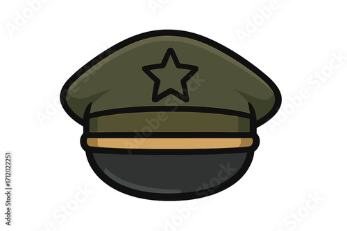 Military officer cap with a star emblem. Army general hat icon. Soldier uniform element. Vector cartoon illustration for concepts of authority, command, service and patriotism.