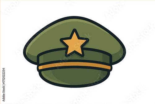 Military cap icon. Army general hat with star. Officer headwear symbol. Soldier uniform element. Flat cartoon vector illustration. Isolated object. Armed forces costume piece.