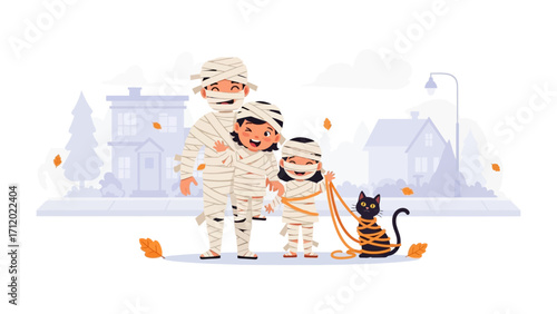 Halloween Family: A playful family dressed in mummy costumes celebrates Halloween together, with a decorated cat. A colorful and festive illustration capturing the spirit of the holiday.