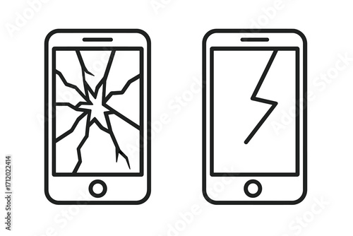 Broken smartphone cracked screen icon set. Damaged mobile phone display. Shattered glass. Vector line art illustration. Outline symbol for phone repair service business.