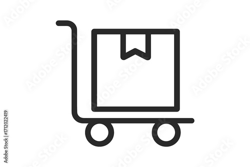Hand truck with cardboard box icon. Dolly with package symbol for delivery, shipping, and logistics. Minimalistic outline vector for web, apps, and cargo. Warehouse, moving concept.
