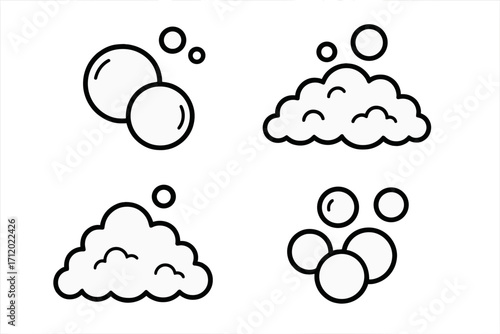 Soap bubbles and foam line icon set. Vector illustration for cleaning, hygiene, laundry. Lather, suds, effervescent symbols for soap, shampoo, detergent, car wash concept.