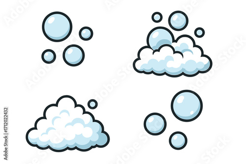 Vector cartoon bubble and foam icon set. Suds and soap bubbles for cleaning and washing concepts. Fizzy water or soda pop effect. Isolated graphic design elements.