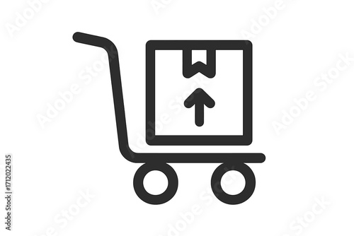 Hand truck with box icon. Logistics and shipping concept. Delivery service symbol. Package moving, freight transport. Minimalist outline for warehouse, cargo, dispatch. Dolly.