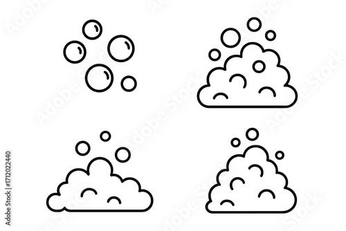Bubble and foam icon set. Soap suds lather line art collection. Cleaning, washing, and hygiene concept. Fizzy drink, effervescent water bubbles vector illustration.