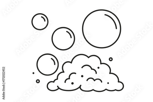 Simple bubble and foam line art vector set. Black and white cartoon illustration of soap suds, lather for cleaning and washing. Minimalist fizzy effervescent water doodle.