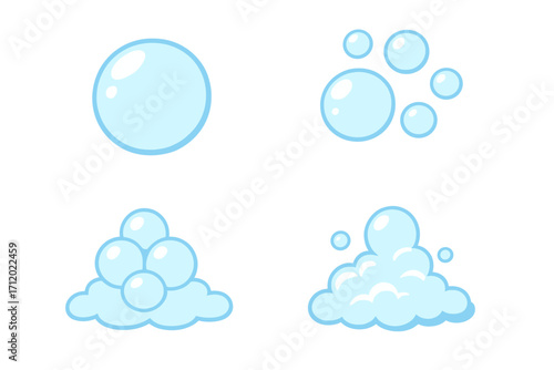 Blue soap foam and water bubble vector icon set. Cartoon illustration of laundry suds, shiny soda pop fizz, and underwater air bubbles. Isolated cleaning elements.