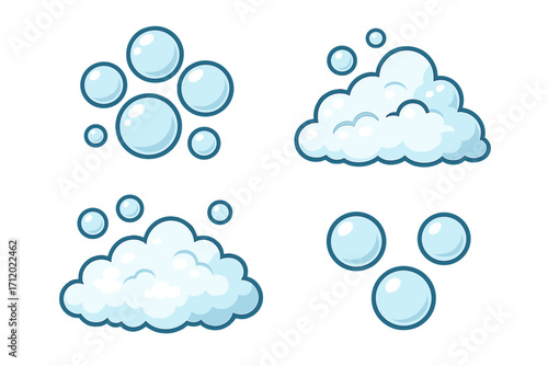 Blue soap foam and bubbles vector set. Cartoon illustration of airy suds, lather, and fizzy pop. Isolated graphic elements for cleaning, laundry, and bath concepts design.