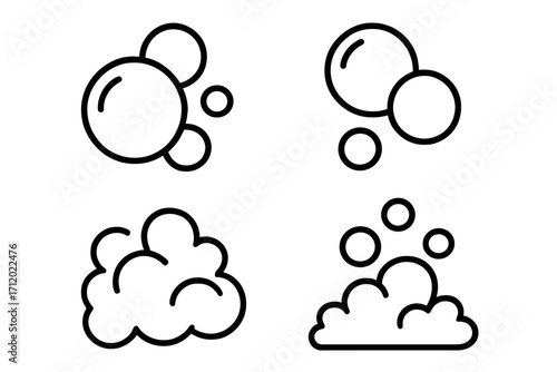 Bubble and foam outline icon collection. Soap suds and lather vector symbols. Clean, wash, hygiene concept. Effervescent fizzy water elements for web, app design. Cartoon.