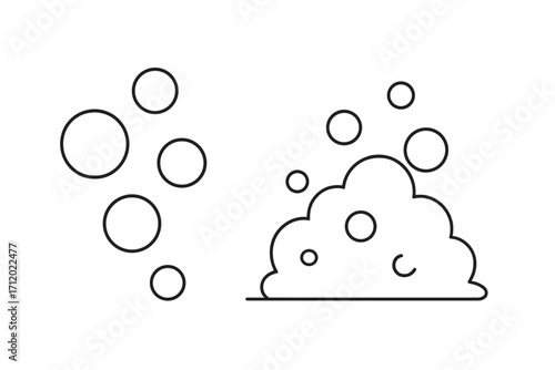 Set of soap bubbles and foam thin line icons. Vector illustration for cleaning, hygiene, washing concepts. Minimalist black and white drawing of suds, fizz, effervescent pop.