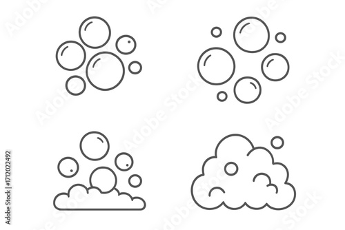 Bubble and foam thin line icon set. Vector cartoon illustration of soap suds. Water, cleaning, washing symbols. Fizzy drink, champagne, soda pop effervescent effect.