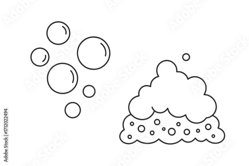 Simple bubble and foam line art illustration. Vector icon set for cleaning, soap, and washing concepts. Minimalist suds and fizzy pop elements for drinks or laundry design.