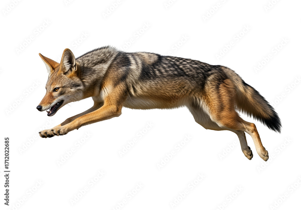 Obraz premium A captivating image of a wild dog in mid-leap, against a stark black background.