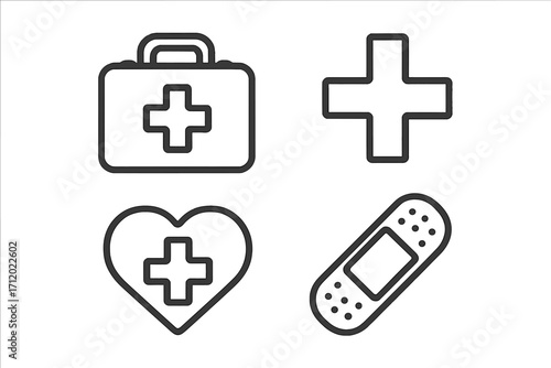 Medical icon set. Health care symbols. First aid kit. Emergency cross. Hospital sign. Heart charity. Health insurance concept. Medicine. Pharmacy. Doctor. Nurse. Plaster vector.