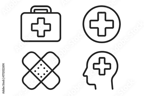 Medical icon set. Healthcare linear symbols. First aid kit, adhesive bandage, hospital cross. Mental health care concept. Medicine, emergency, psychology aid. Simple vector.