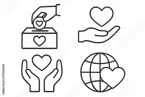 Charity and donation icon set. Linear symbols of love, care, and support. Vector collection of giving hand, donation box, and heart for volunteering and social help concepts.