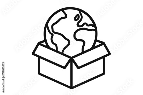 Global shipping and logistics concept. International delivery and worldwide trade metaphor. Earth planet globe in a package box. Vector outline icon for business e-commerce.
