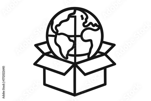 Global shipping icon with planet Earth in a box. International delivery and worldwide logistics concept. Global business, e-commerce, and world trade symbol. Vector line art.