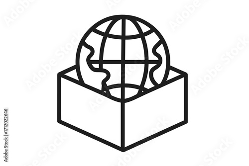 Unboxing the world concept. Globe in an open box line icon. International shipping, global logistics, and worldwide delivery. Earth planet symbol for business, web, and apps.