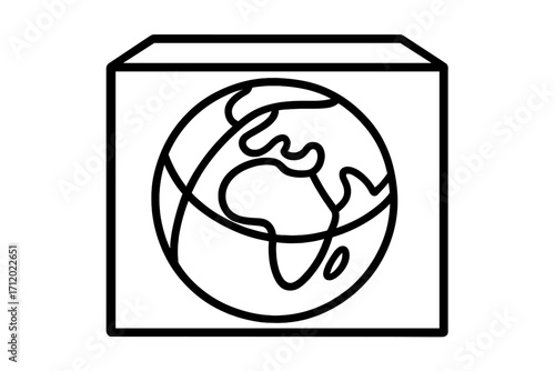 Global shipping and international delivery service icon. Earth globe in a box symbol for logistics and worldwide business. Planet protection and environment concept. Vector line art.