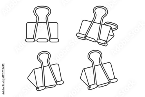 Binder clip icon set. Bulldog clip vector illustration. Black and white line art of office supplies. Stationery paperclip collection for documents. Minimalist design isolated.