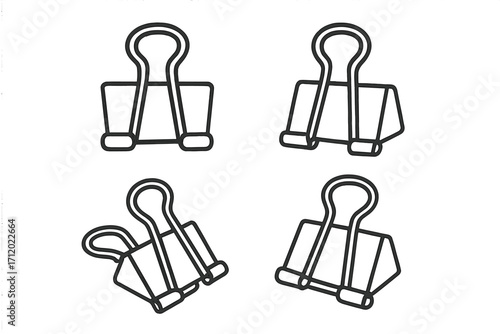 Binder clip icon set. Paper clamp collection. Foldback clip line art. Office supplies vector. Stationery symbol for documents, paperwork. School, business organization concept.