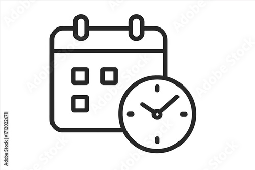 Schedule, appointment, and calendar date icon. Time management and planning concept. Clock and calendar linear pictogram for web, apps, and graphic design. Vector line art.