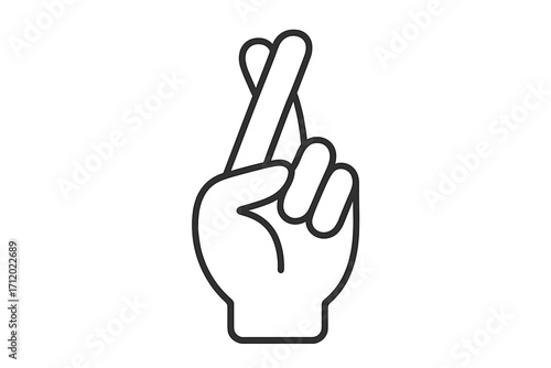 Crossed fingers hand gesture for good luck, hope, and best wishes. Superstition concept. Promise sign or lying symbol. Fortune and success icon. Simple outline vector art.
