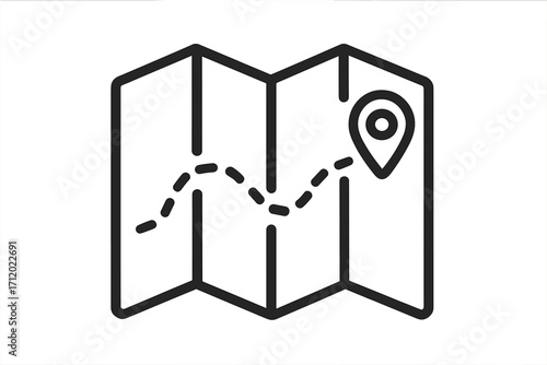Map icon with destination pin and route. Location tracking, GPS navigation symbol. Journey path, travel direction concept. Adventure, trip, tourism and guidance vector line art.