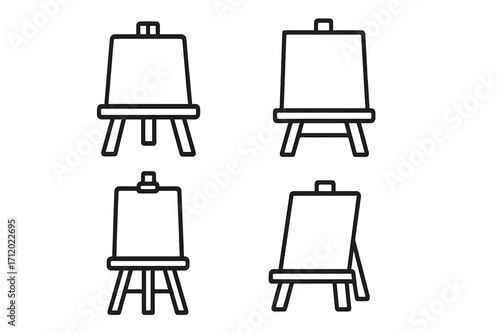 Art easel icon set. Blank canvas on wooden stand for painting. Linear vector illustration for artist studio, gallery, or art school. Creative hobby and presentation symbol.