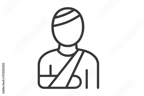 Patient icon with broken arm and head injury. Person in sling and bandage. Medical concept of trauma, accident, first aid. Health care vector symbol for hospital, clinic.