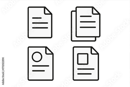 Document outline icon set. File and paper page vector symbols for web design, apps, and print media. Includes icons for copy, report, form, and data information. Minimalist line art.